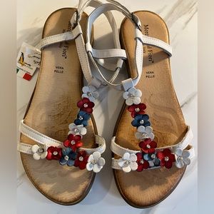 MERCANTE di FIORI Low Heel Leather Flower Applique Slingback Flats 39 Italy FLAW